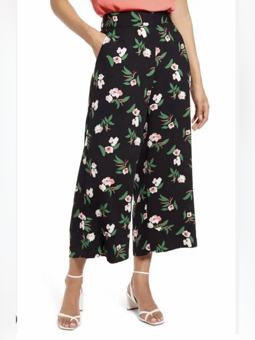 Halogen Floral Palazzo Pants Womens 1P Black Pink High Rise Cropped Wide Leg